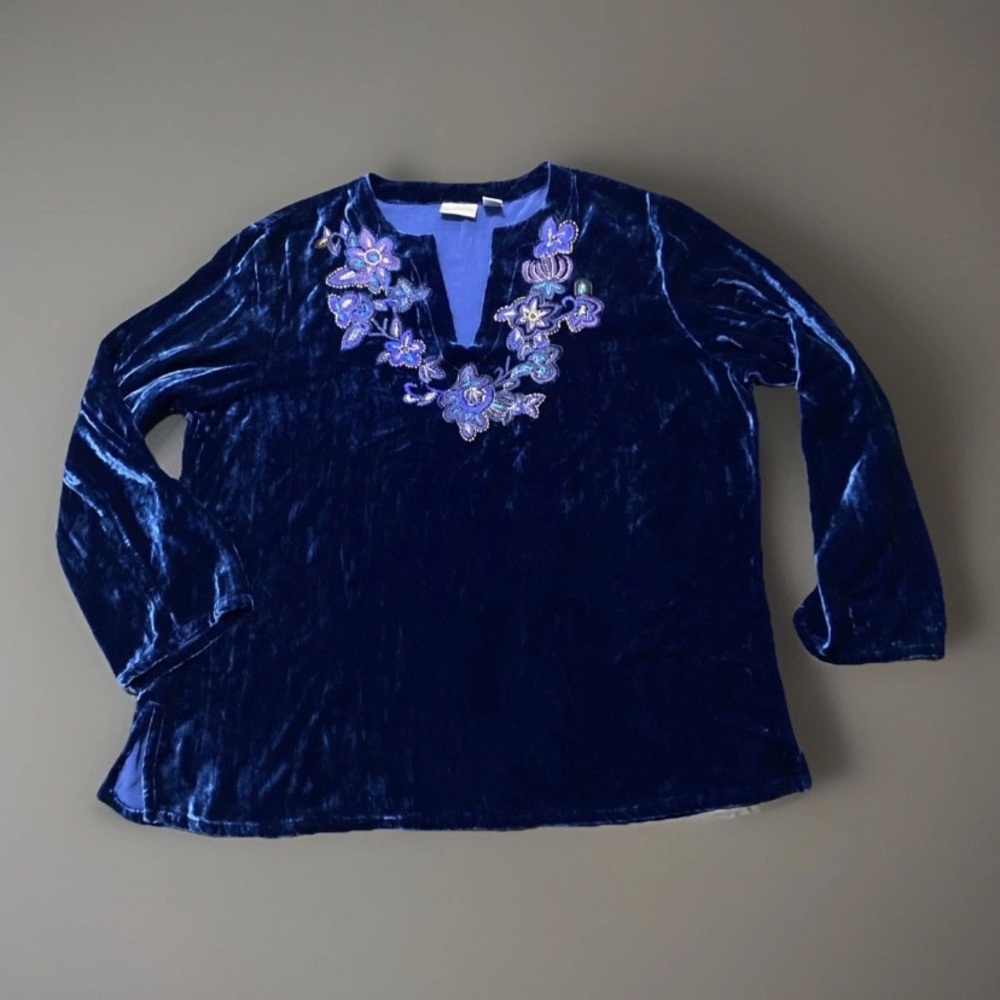 Vtg Chicos Velvet Top Women 3/XL Boho Sapphire Blue Embroidered Chic Blouse Silk - Picture 9 of 12